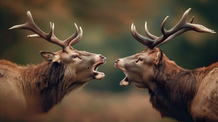 As autumn leaves fall, two male deer face each other, vocalizing intensely in a forest. Their impressive antlers are displayed prominently, showcasing their dominance