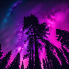 Wall Mural - Fantasy landscape with lake and pine trees in the night sky.