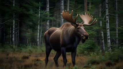 Wall Mural - A full body shot of a moose standing in the middle of a dense forest, its enormous antlers spreading wide above its head.