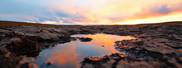 A time-lapse of melting permafrost, revealing dormant microorganisms coming to life as they release greenhouse gases, such as methane, into the atmosphere