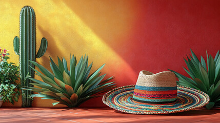 A colorful fantasy fiesta cinco de mayo scene with cactus, sombrero hat, and vibrant yellow, green, red background, perfect for celebrating the Mexican holiday.