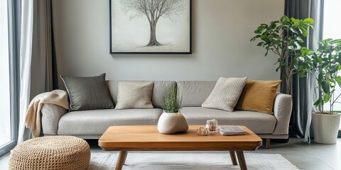 modern minimalist living room, neutral tones, cozy grey sofa, wooden coffee table, decorative pillows, green plants, wall art with tree painting, large windows with natural light, contemporary interio