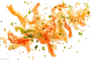 Wall Mural - Crispy Tempura Vegetables Suspended in Air on White Background