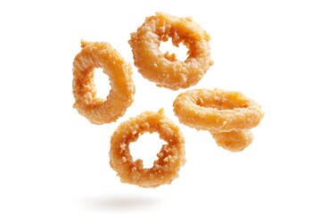 Wall Mural - Delicate Fried Calamari Rings Hovering in Air on White Background