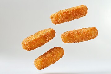 Wall Mural - Crispy Breaded Fish Sticks Suspended in Mid-Air on White Background