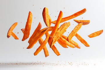 Wall Mural - Delicious Crunchy Fried Sweet Potato Fries Floating in Air on White Background