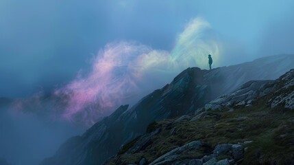 Wall Mural - A solitary figure stands atop a misty mountain peak, bathed in ethereal light.