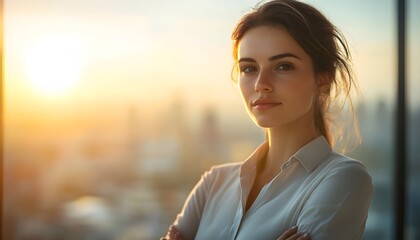 Young Woman Standing by Window with Sunset in Background