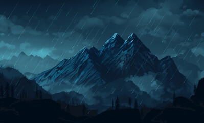 rugged mountain range shrouded in dark clouds and rain