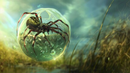 Wall Mural - A spider trapped inside a shimmering orb, floating above a grassy marsh.