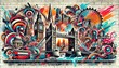 © viking75 - A vibrant mural depicts iconic London landmarks like Big Ben and Tower Bridge, blended with abstract swirls of color, creating a dynamic urban scene on a brick wall. Ai generative