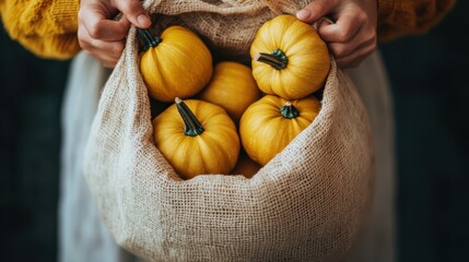 A person holds a burlap bag filled with small yellow pumpkins, symbolizing an abundant autumn harvest, with emphasis on the vibrant color and natural texture of the pumpkins.