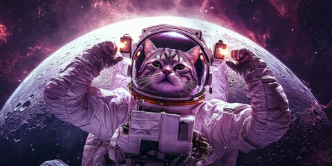 Wall Mural - An astronaut cat hovers around the moon with lights on his helmet and a cute expression on his face