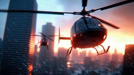 Dynamic helicopter flight over a city skyline during sunset, showcasing adventure and urban exploration.