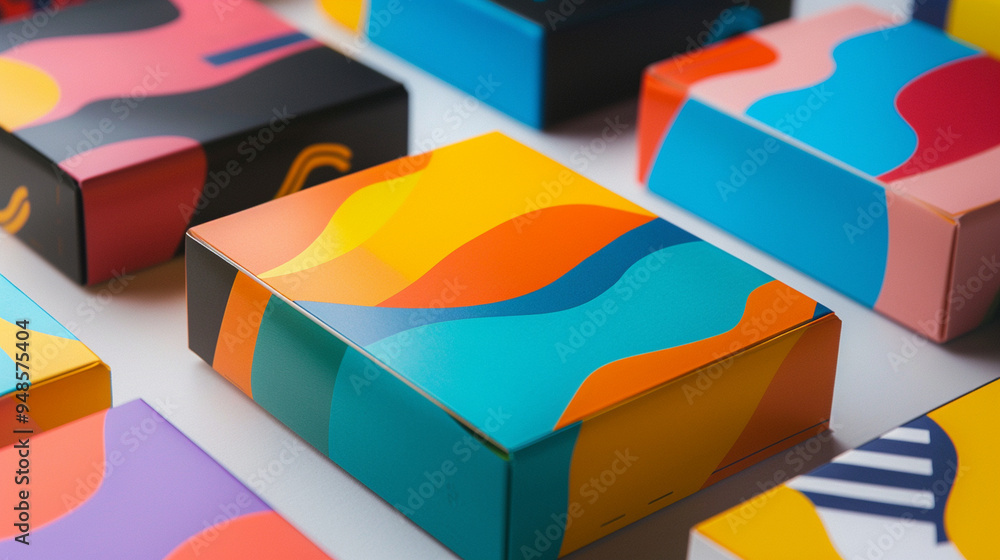 A close-up of a custom branded package, with a company logo and vibrant ...