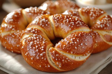 artisanal pretzel closeup goldenbrown perfection coarse salt crystals intricate twisted shape soft shadows appetizing texture on white background