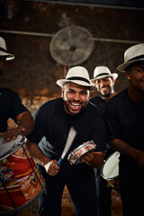 Canvas Print - People, men and happy as musician with drums for music performance as group on portrait. Entertainment, event and band members or partners with smile on rehearsal at stage for live concert in Brazil