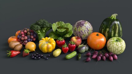 Poster - A variety of fresh fruits and vegetables on a grey background.