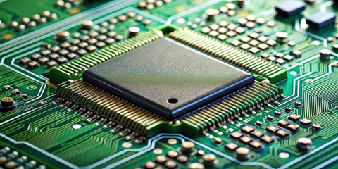 Poster - A close-up stock photo of a computer chip embedded on a circuit board, technology, hardware, electronic, motherboard