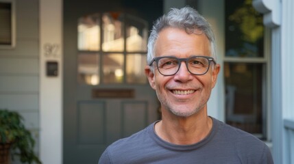 middle aged man with glasses in front of his house