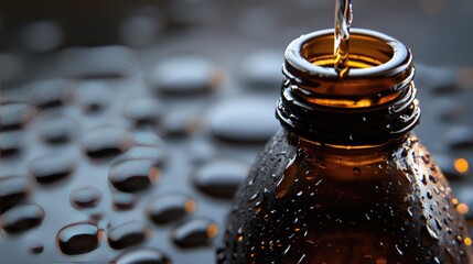 Wall Mural - Close-up of Water Pouring into a Brown Glass Bottle