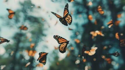 Sticker - A swarm of monarch butterflies in flight, wings outstretched against a blurry background.