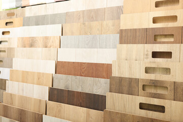 Wall Mural - Many different samples of wooden flooring in store, closeup