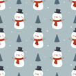 © Елена Хмельнюк - Seamless vector pattern with funny snowmen and Christmas trees. Winter seamless background in flat cartoon style.