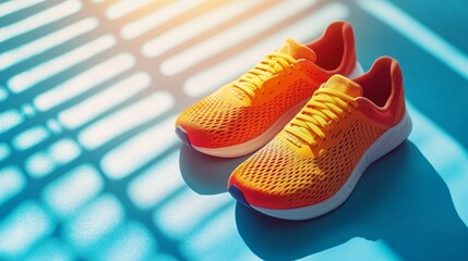 Two orange running shoes are on a blue surface