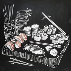 Hand Drawn Chalkboard Sushi Illustration.