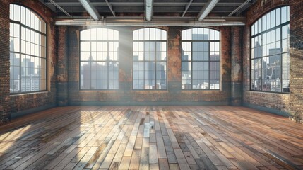 Wall Mural - An empty loft room with large windows, wooden floor, and urban view, light.