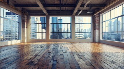 Wall Mural - An empty loft room with large windows, wooden floor, and urban view, light.