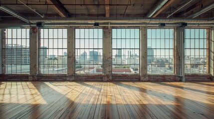 Wall Mural - An empty loft room with large windows, wooden floor, and urban view, light.