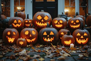 Halloween pumpkins in front of a house with candles and leaves