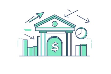 Modern Vector Bank Account and Transaction Arrows Icon in Minimal Line Art Style with Clean Lines and Light Green Palette on Off-White Background