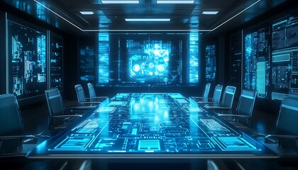 Aufkleber - High-Tech Boardroom with AI-Driven Interactive Table and Holographic Screens, Bright and Futuristic Atmosphere, Photo Realistic