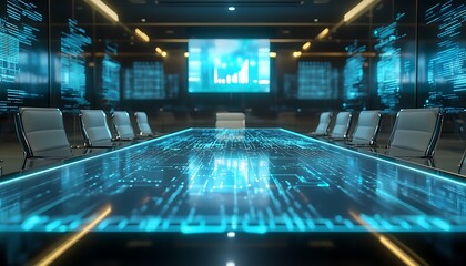 Aufkleber - High-Tech Boardroom with AI-Driven Interactive Table and Holographic Screens, Bright and Futuristic Atmosphere, Photo Realistic