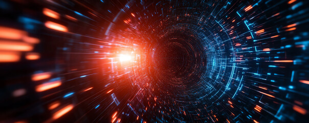 Abstract futuristic tunnel with glowing lights, red and blue digital elements, representing technology, speed, and data flow.