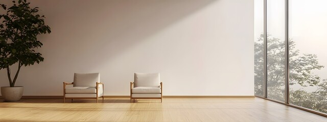 Two armchairs and a coffee table in a minimal, modern living room with a white wall mock-up background, panoramic view, wide angle, large floor-to-ceiling windows, wooden flooring, minimal style