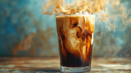 Canvas Print - Iced Coffee with Milk and Ice Cubes, Steaming and Splashing