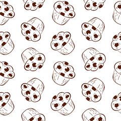 Seamless pattern featuring muffins with chocolate chips in a minimalist line art style. Ideal for bakery branding, packaging, or food themed design. Vector illustration on a white background.