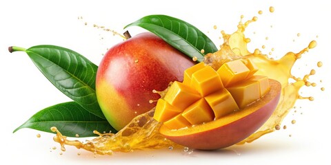 Wall Mural - Fresh mango with splashing juice and leaves, cut out , ripe, tropical, fruit, vibrant, colorful, juicy, refreshing, sweet