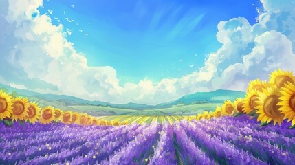 Sticker - A vibrant field of lavender flowers with sunflowers in the foreground, under a bright blue sky with fluffy clouds.