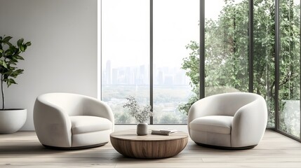 Two armchairs and a coffee table in a minimal, modern living room with a white wall mock-up background, panoramic view, wide angle, large floor-to-ceiling windows, wooden flooring, minimal style