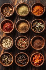 Wall Mural - Top view of many small bowls with different types of spices lying on a wooden background