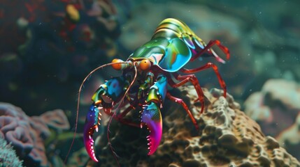 Poster - A vibrant mantis shrimp with iridescent colors crawls on coral.