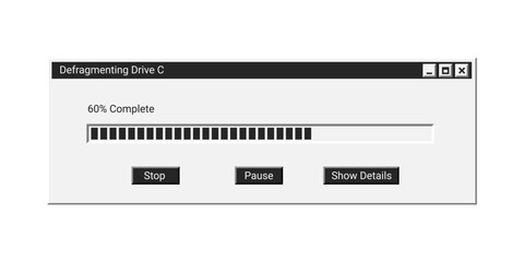 Old installation window in black color on screen. Loading window in retro style.