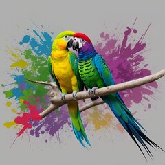 Wall Mural - two loving parrots on a branch color splash background