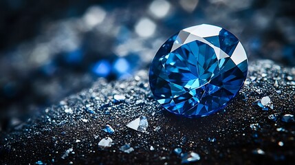 Close up of a natural blue sapphire on a black blue background