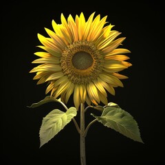 Poster - A vibrant sunflower with bright yellow petals and green leaves on a black background.